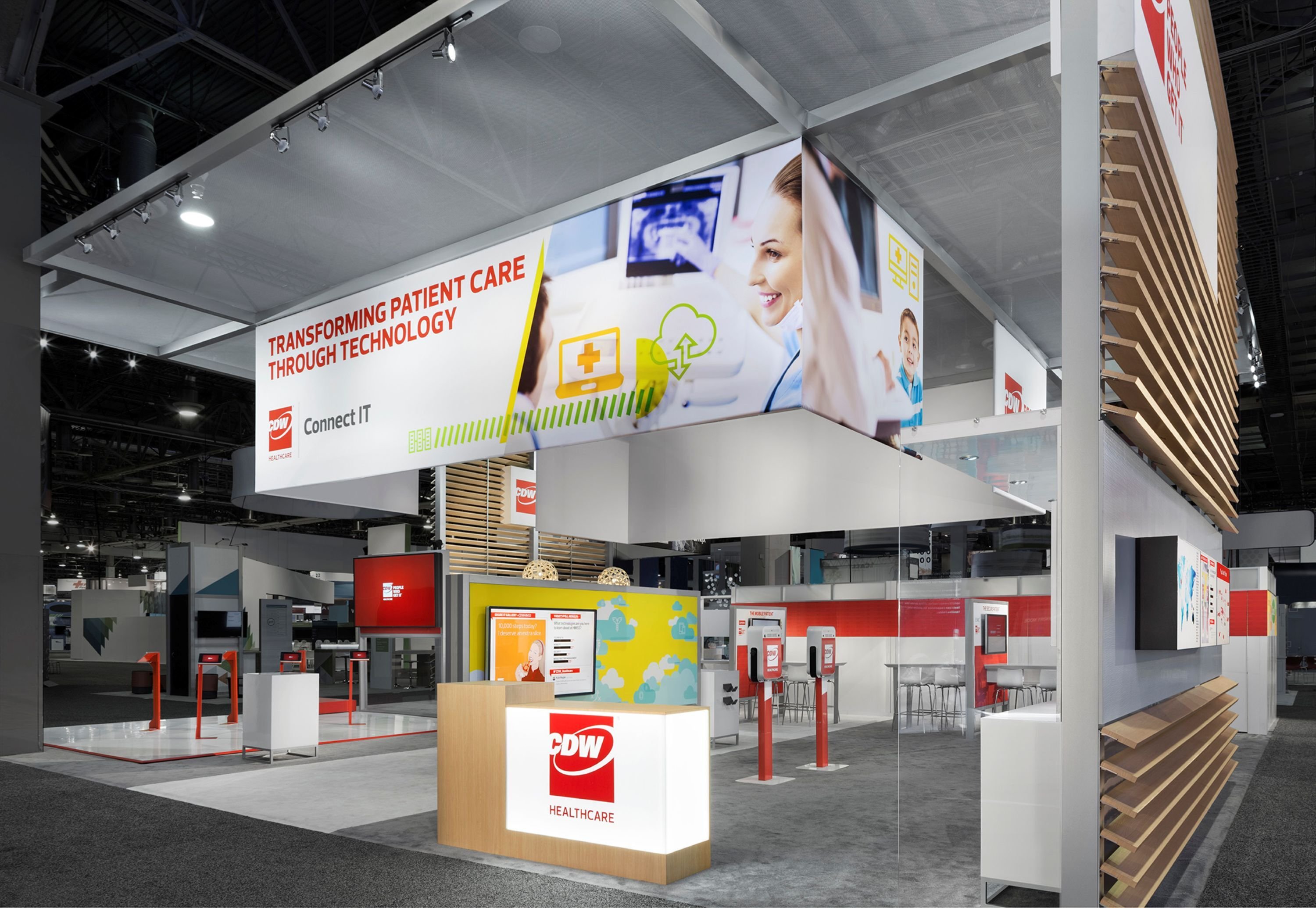 50x50 custom HIMSS trade show booth for healthcare featuring overhead branding