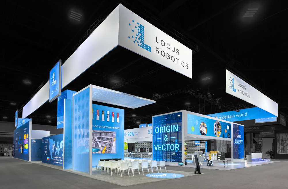75x130 custom MODEX trade show booth design of Locus Robotics by Catalyst Exhibits