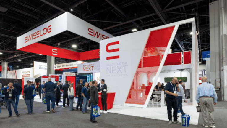 exhibit builder showcasing custom industrial trade show booths with material handling machinery